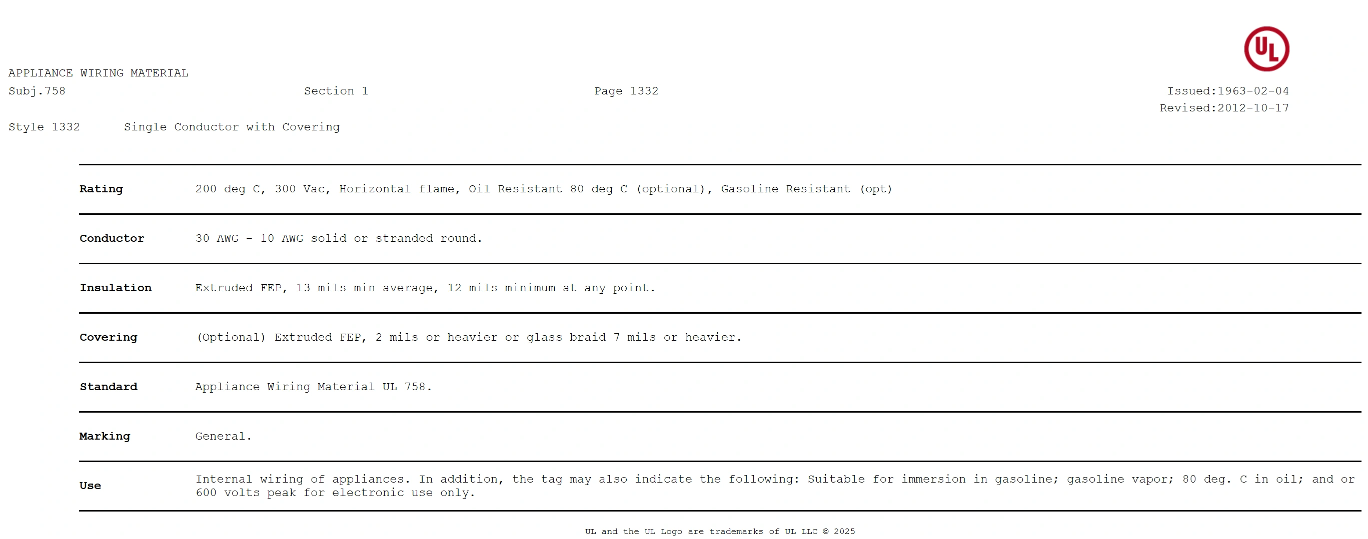 UL 1332 WIRE SPECIFICATION
